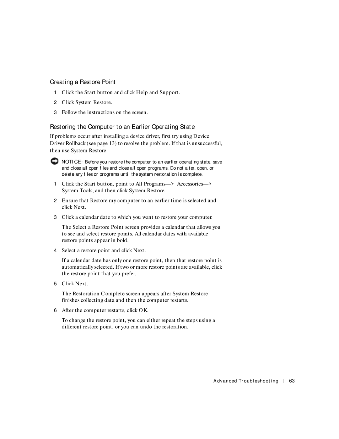 Dell 2300C manual Creating a Restore Point, Restoring the Computer to an Earlier Operating State 