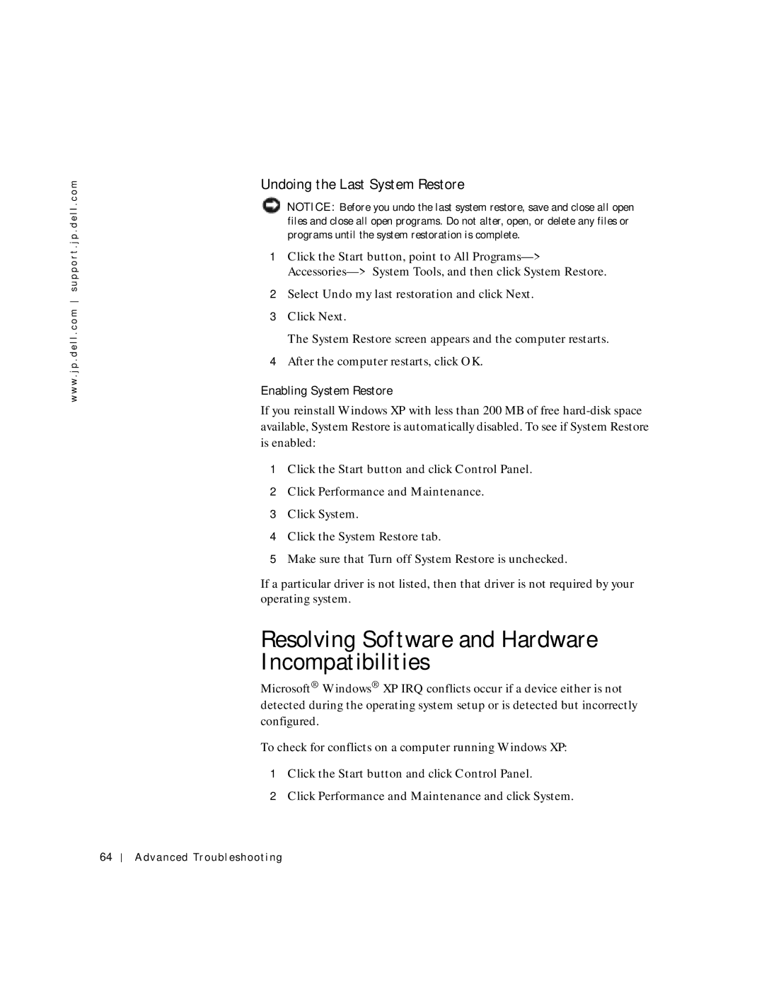 Dell 2300C manual Resolving Software and Hardware Incompatibilities, Undoing the Last System Restore 