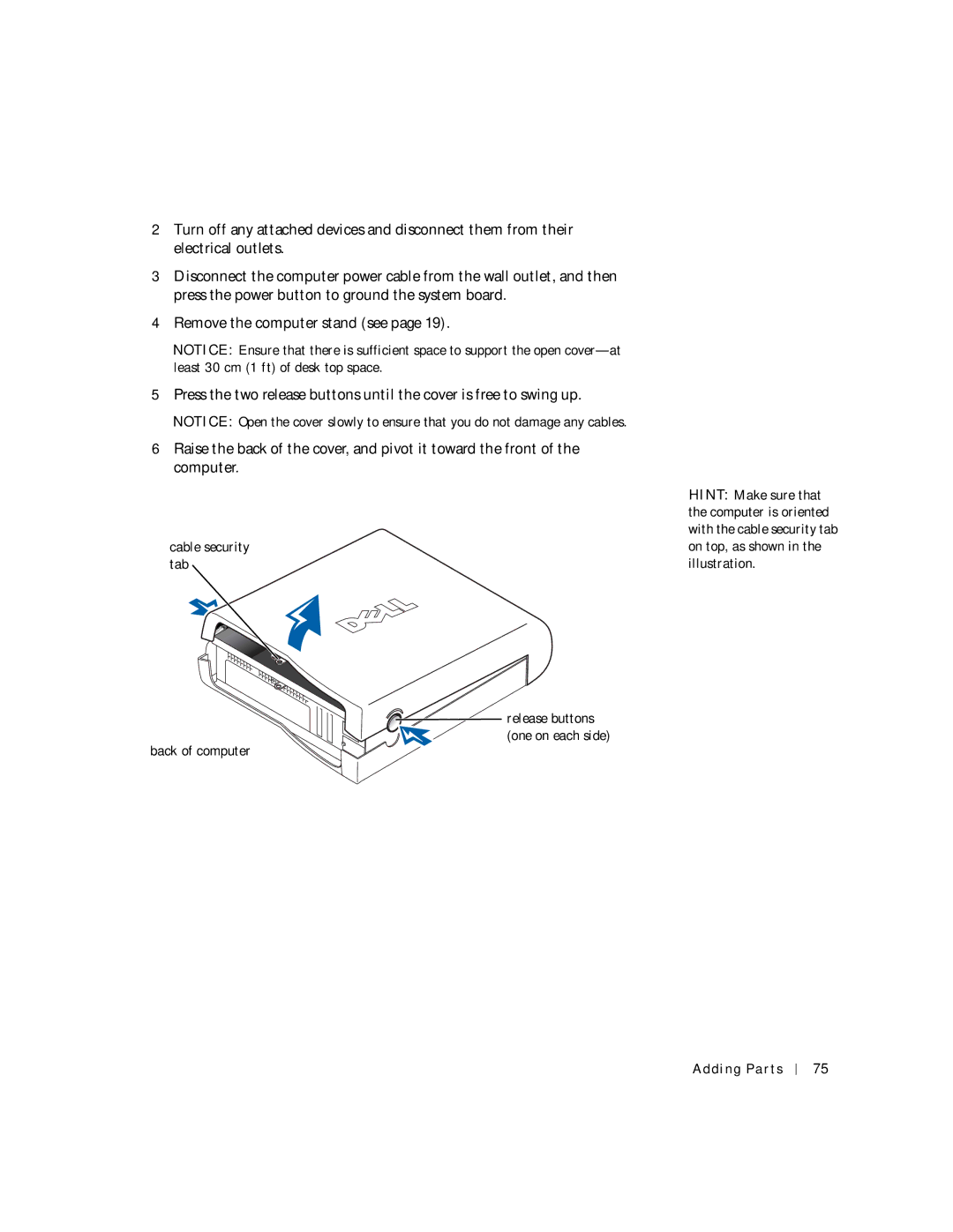 Dell 2300C manual Cable security tab, Release buttons One on each side Back of computer 