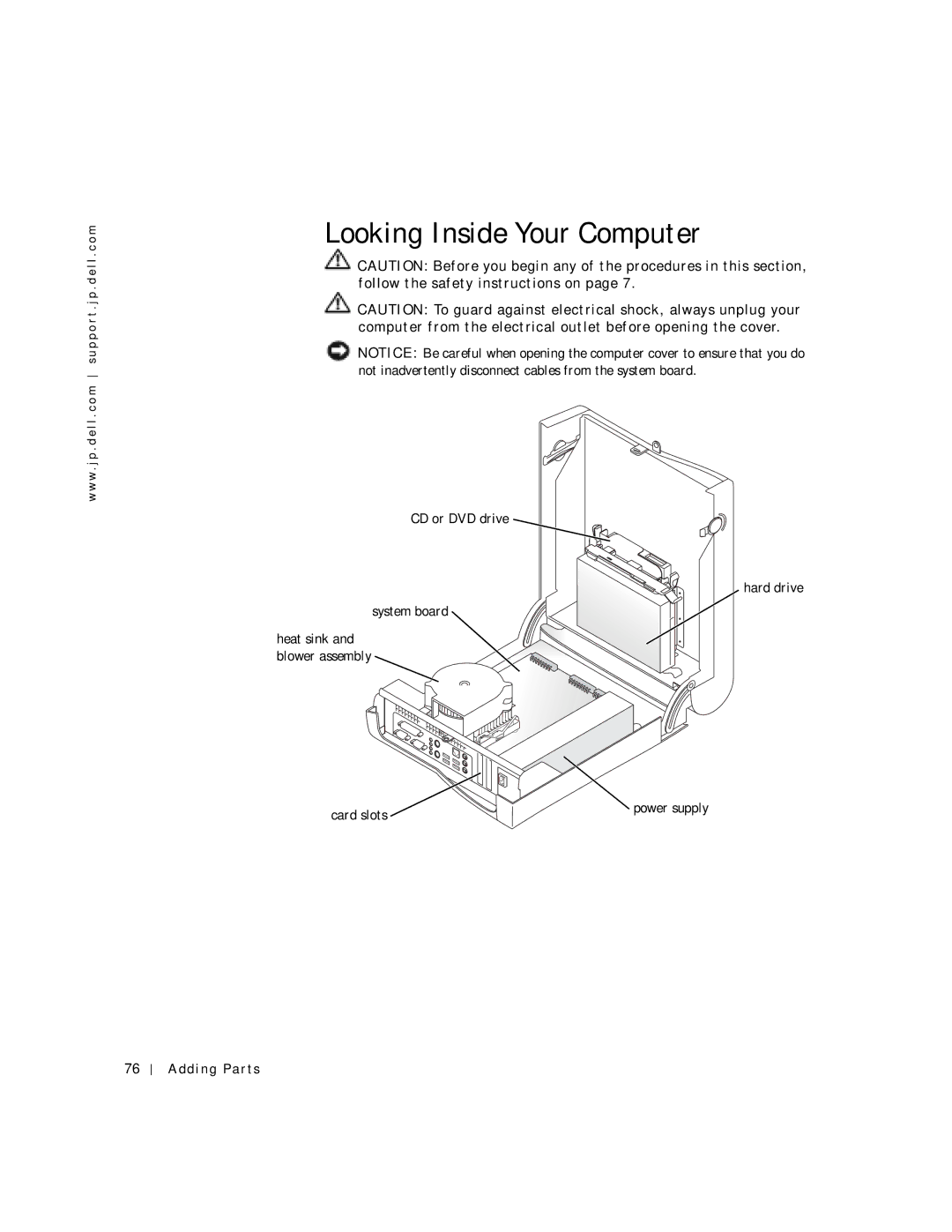 Dell 2300C manual Looking Inside Your Computer, CD or DVD drive Hard drive System board, Card slots 