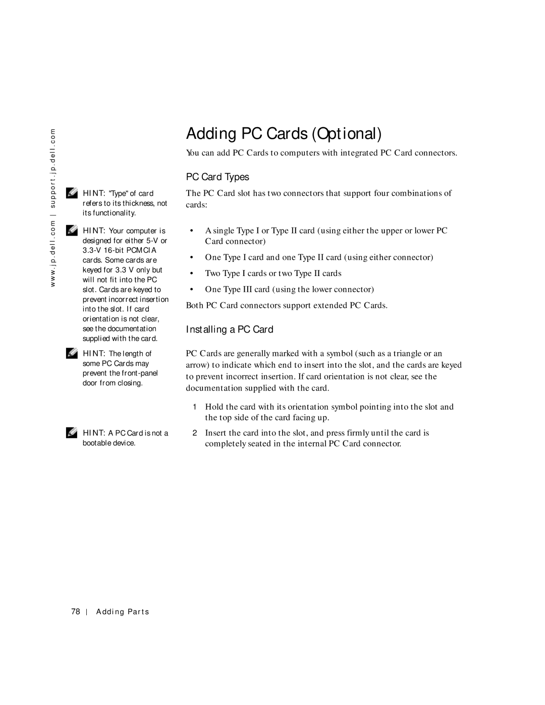 Dell 2300C manual Adding PC Cards Optional, PC Card Types, Installing a PC Card 