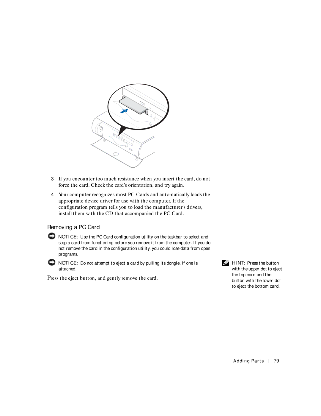 Dell 2300C manual Removing a PC Card, Press the eject button, and gently remove the card 