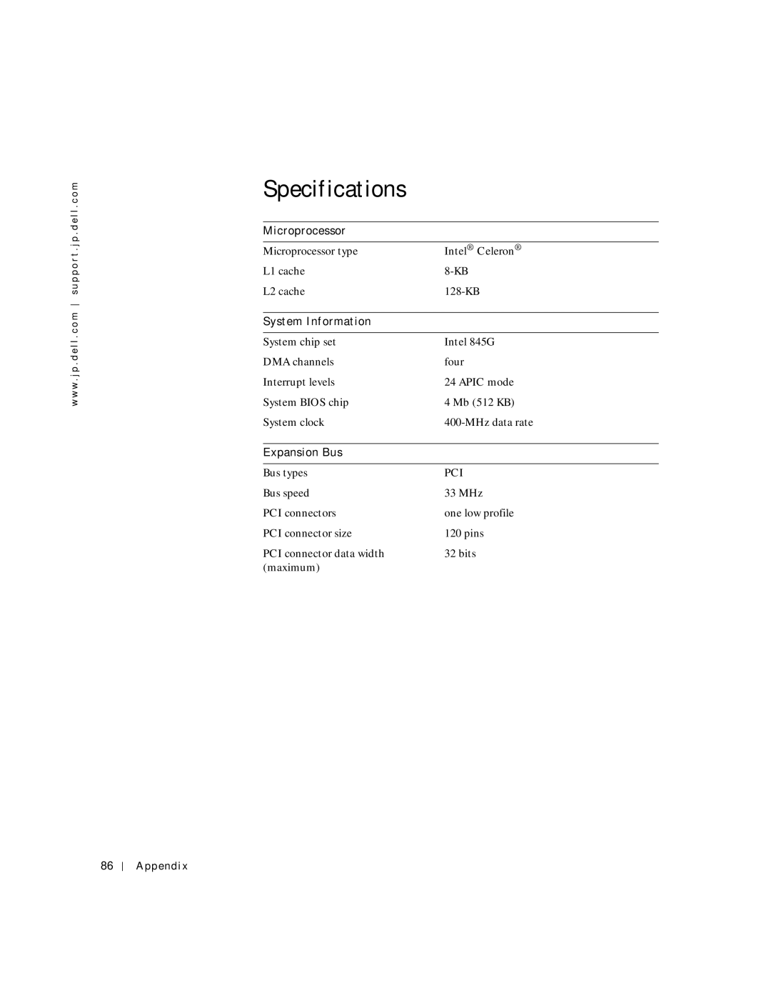 Dell 2300C manual Specifications, Microprocessor, System Information, Expansion Bus 