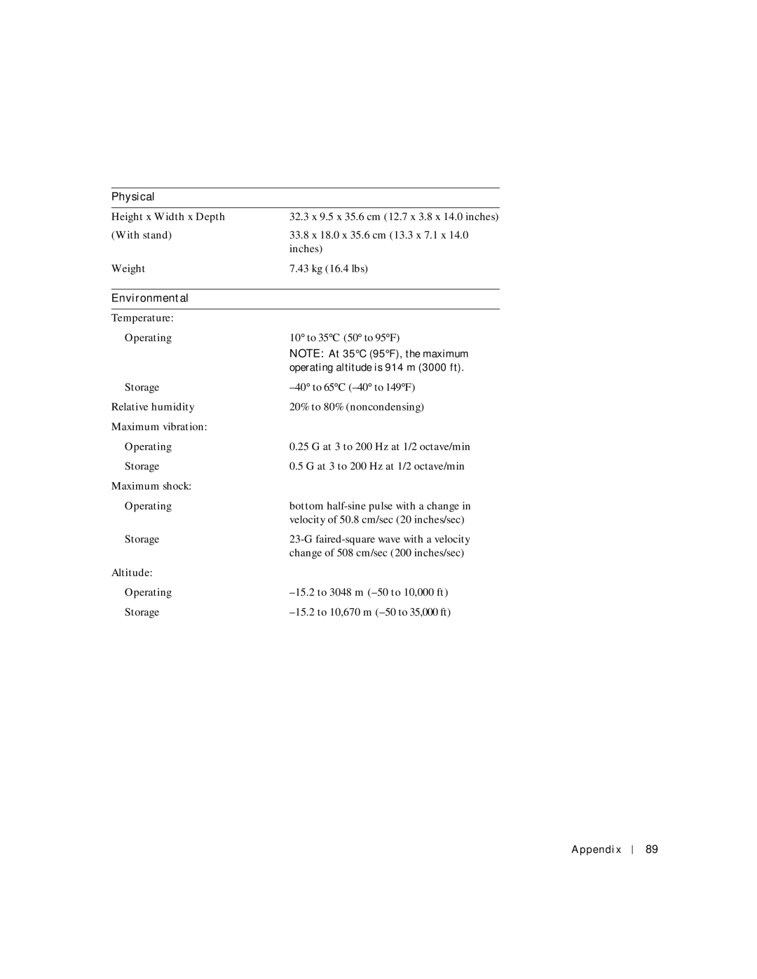 Dell 2300C manual Physical, Environmental 