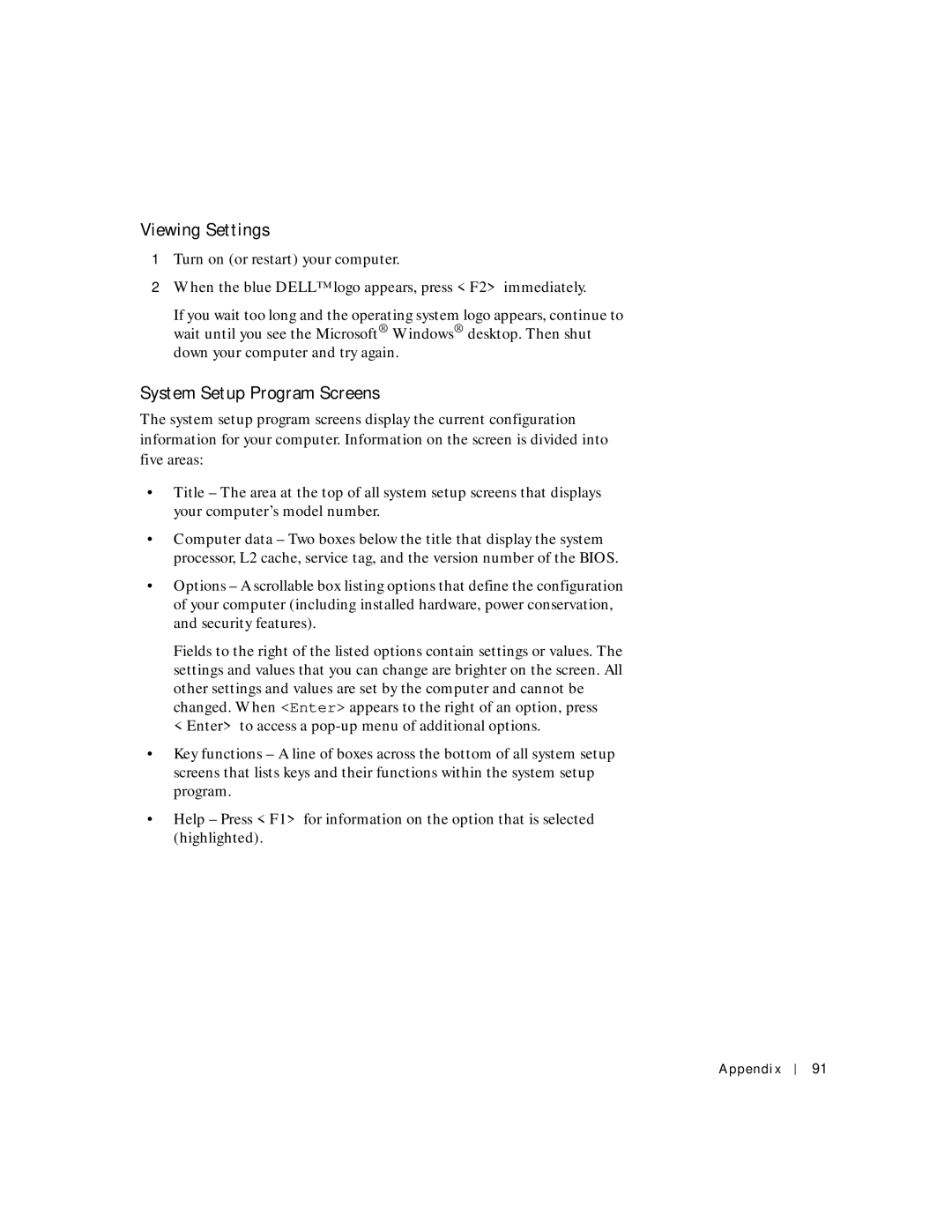 Dell 2300C manual Viewing Settings, System Setup Program Screens 