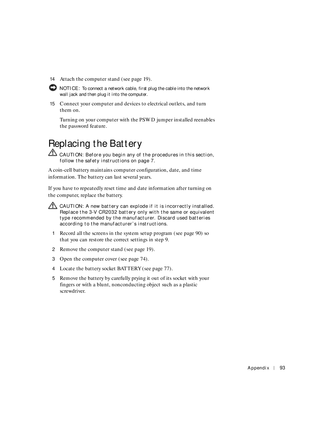 Dell 2300C manual Replacing the Battery 