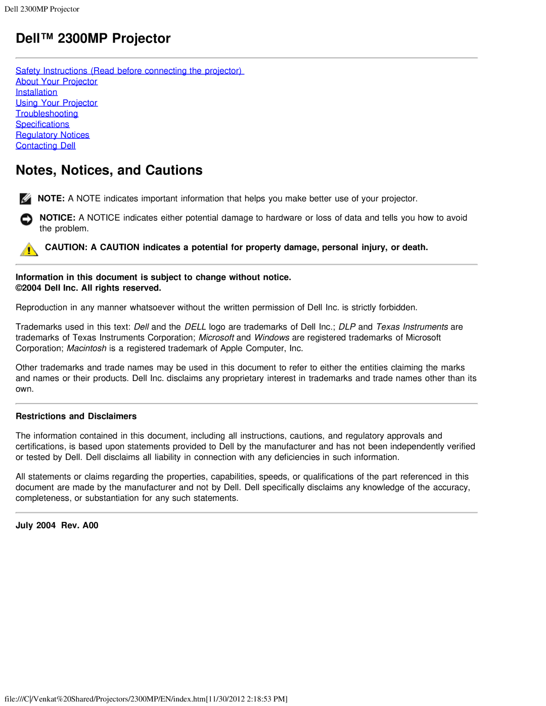 Dell specifications Dell 2300MP Projector, Restrictions and Disclaimers, July 2004 Rev. A00 