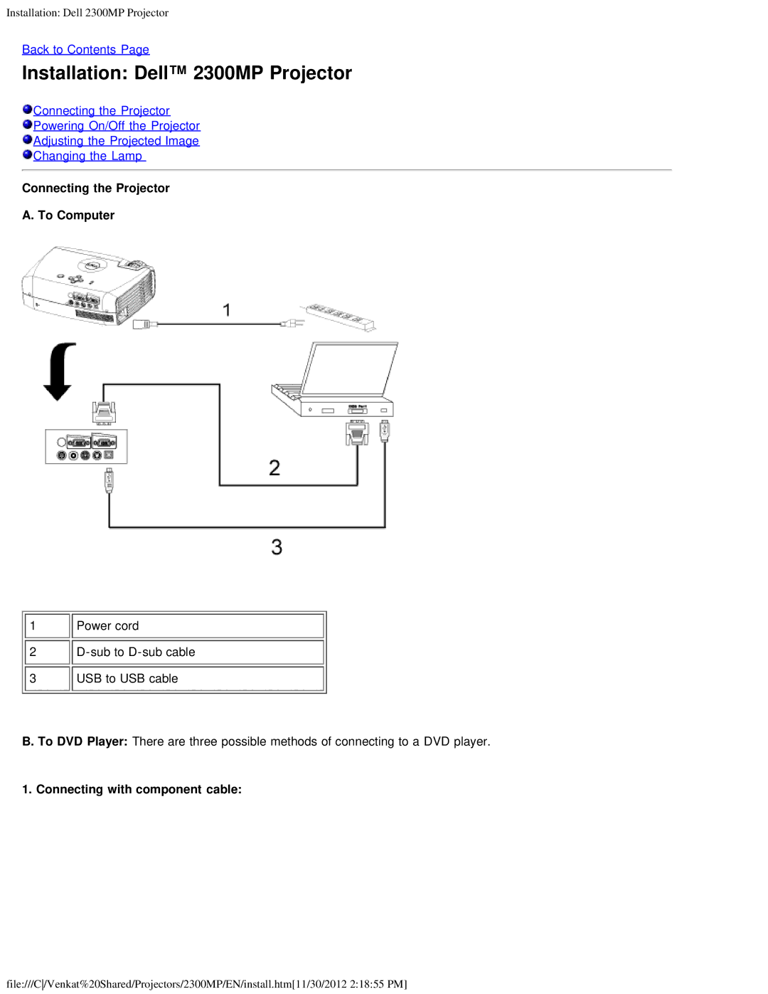 Dell Installation Dell 2300MP Projector, Connecting the Projector To Computer, Connecting with component cable 