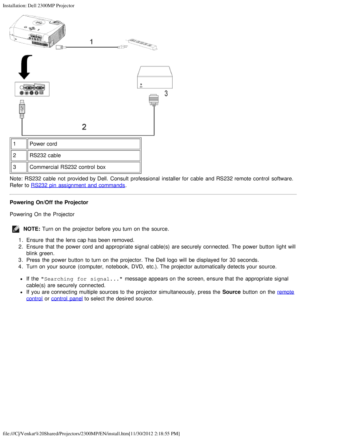 Dell 2300MP specifications Powering On/Off the Projector 