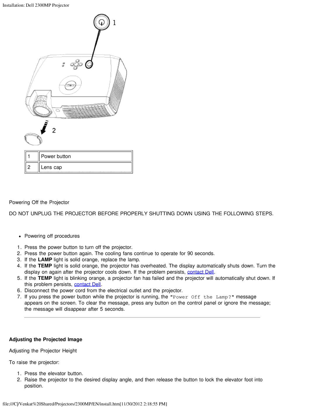 Dell 2300MP specifications Adjusting the Projected Image 