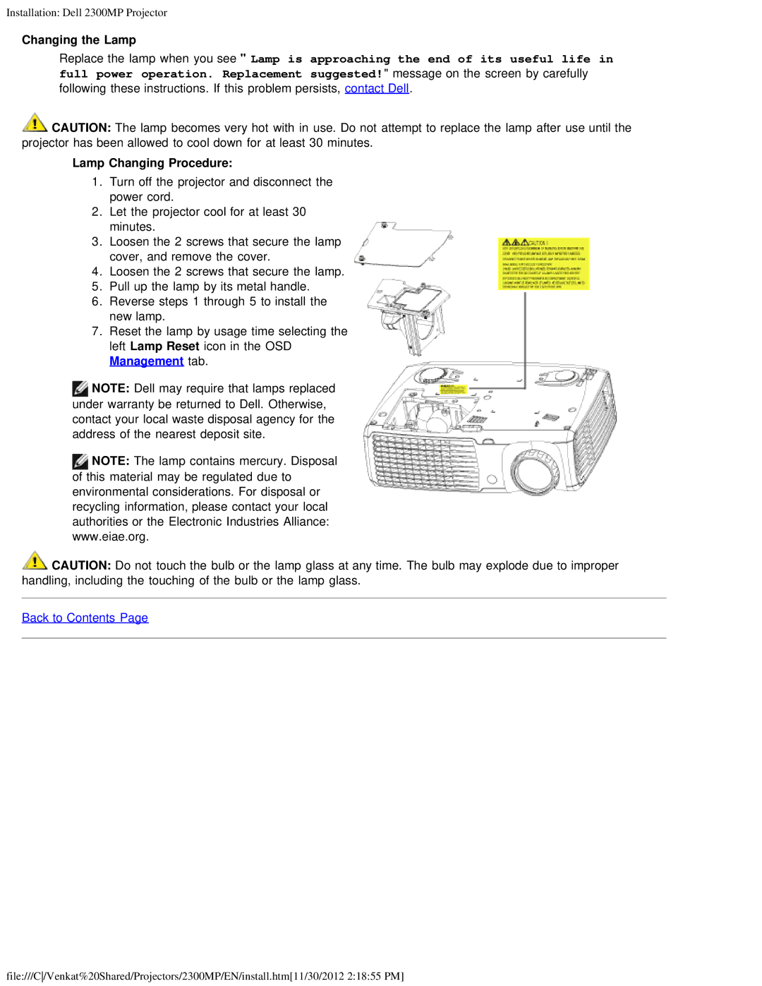 Dell 2300MP specifications Changing the Lamp, Lamp Changing Procedure 