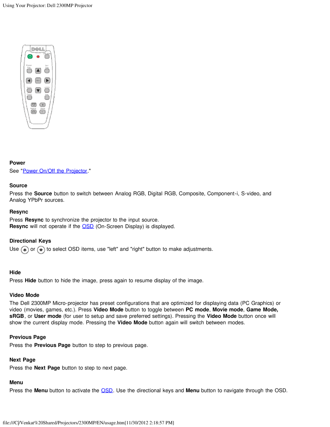 Dell 2300MP specifications Directional Keys, Hide, Previous, Next 