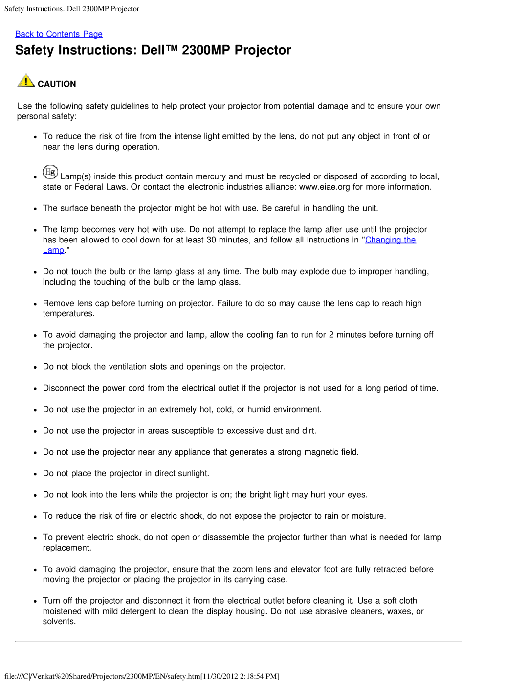 Dell specifications Safety Instructions Dell 2300MP Projector 