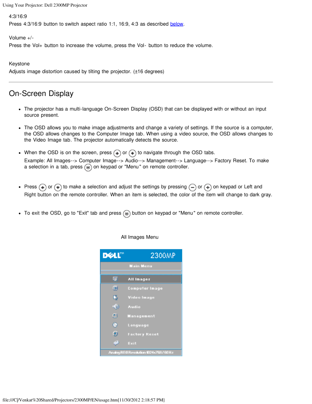 Dell 2300MP specifications On-Screen Display, 43/169, Volume +, Keystone, All Images Menu 