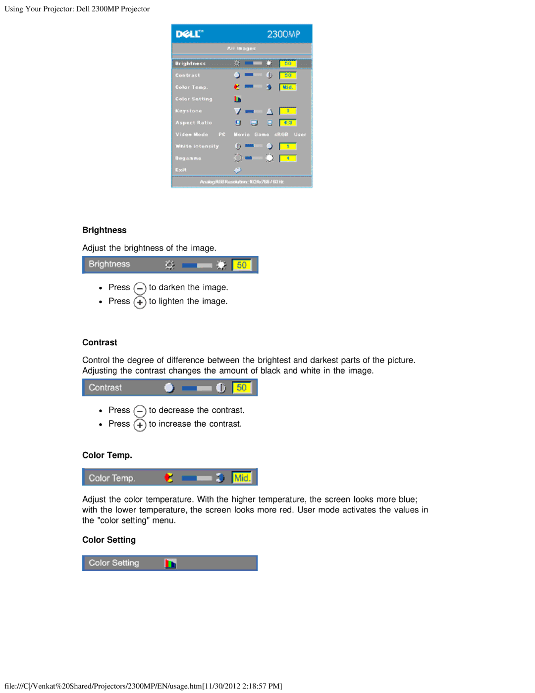 Dell 2300MP specifications Brightness, Contrast, Color Temp, Color Setting 