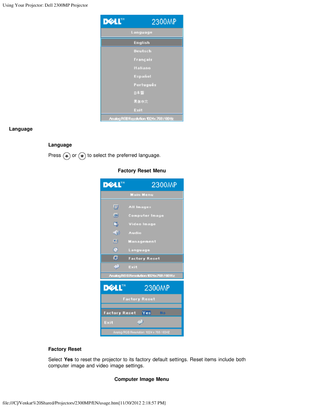 Dell 2300MP specifications Language, Factory Reset Menu, Computer Image Menu 