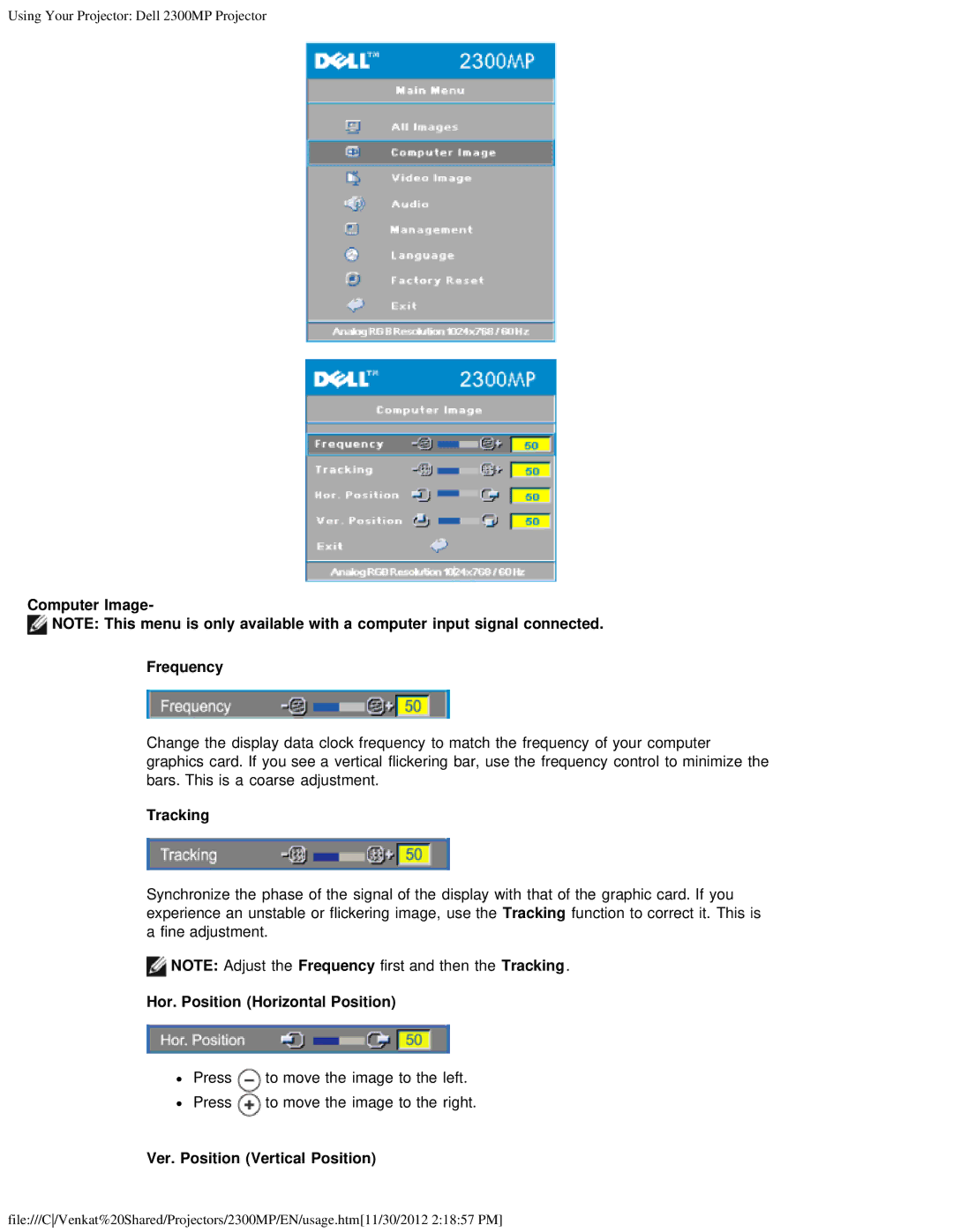 Dell 2300MP Computer Image Frequency, Tracking, Hor. Position Horizontal Position, Ver. Position Vertical Position 