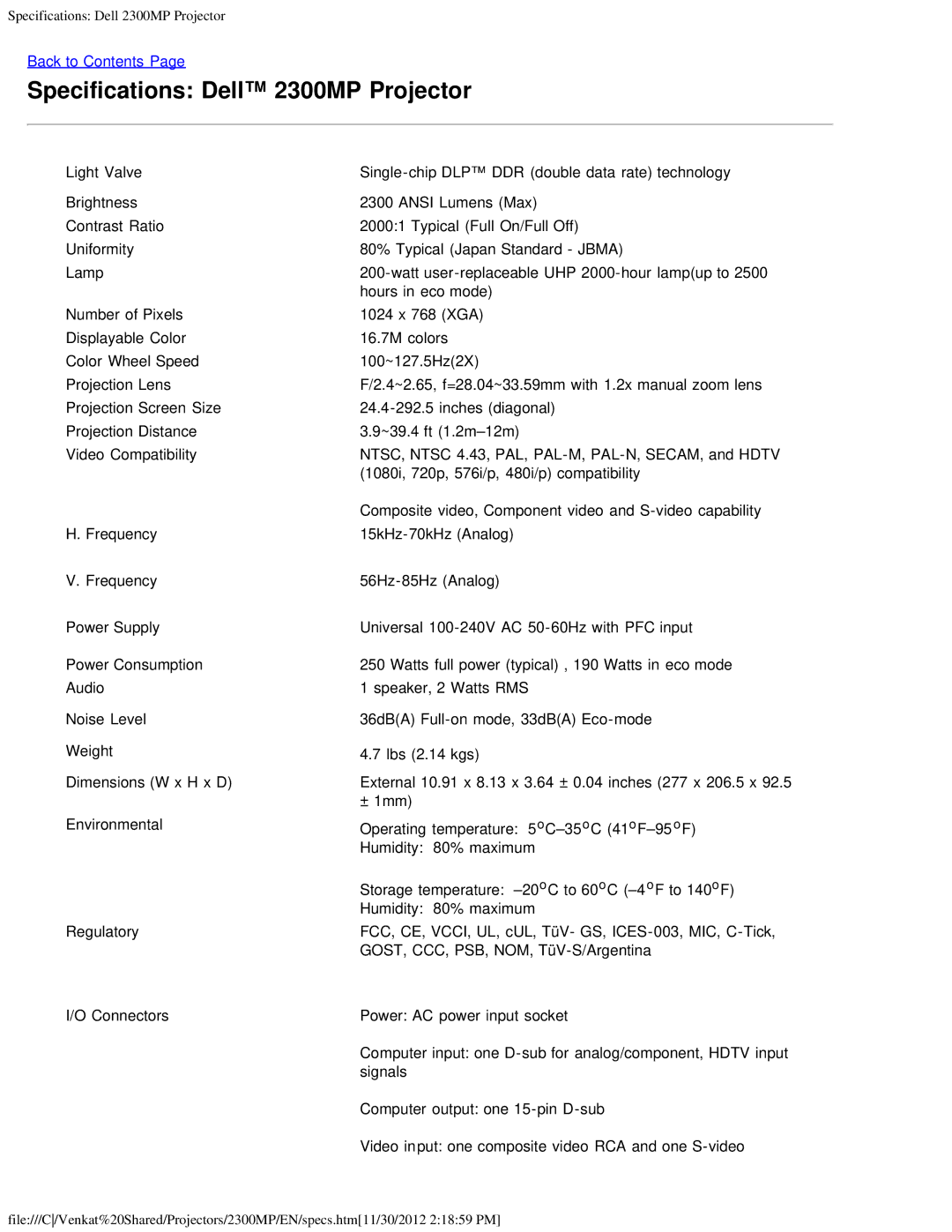 Dell specifications Specifications Dell 2300MP Projector 