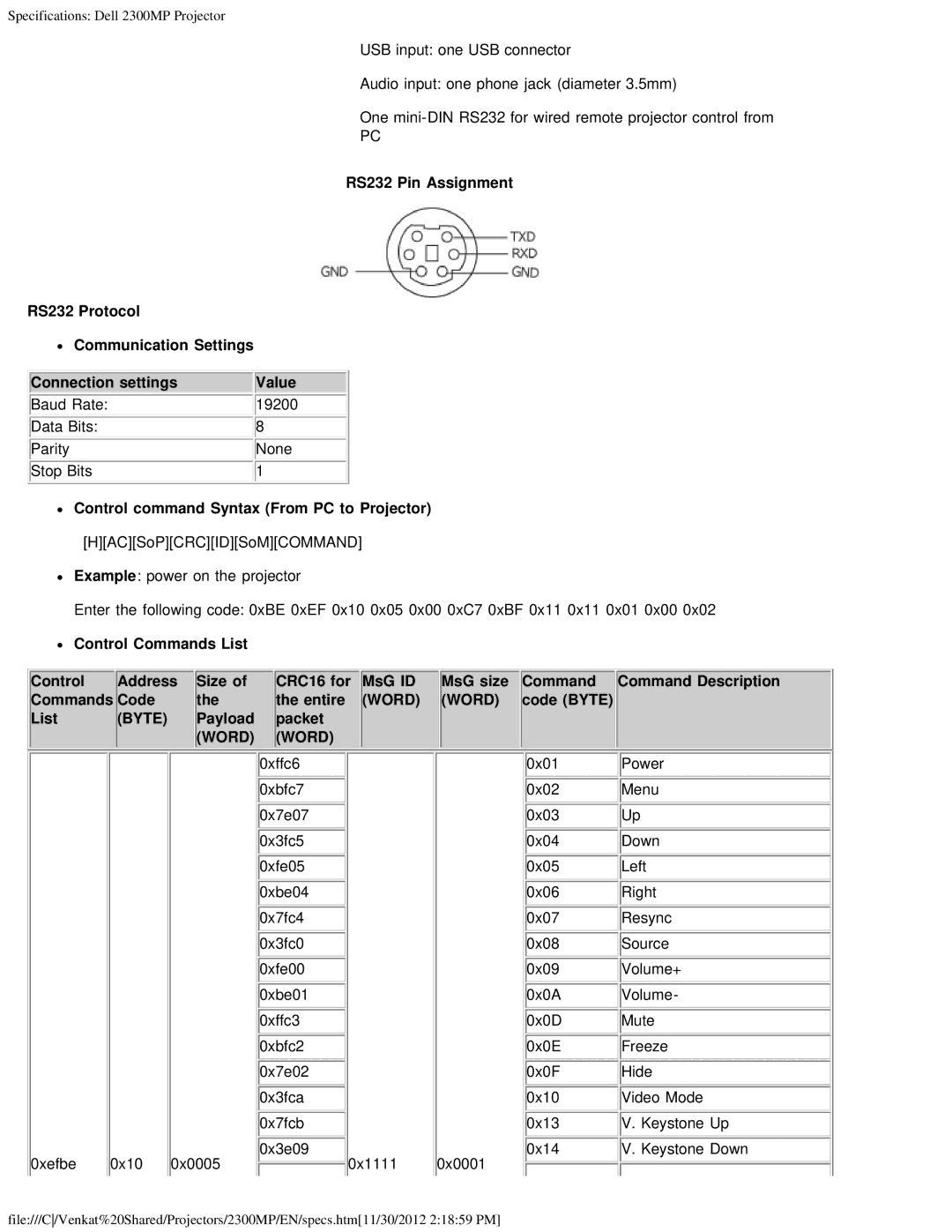 Dell 2300MP specifications Control command Syntax From PC to Projector, Code Byte List, Payload Packet 