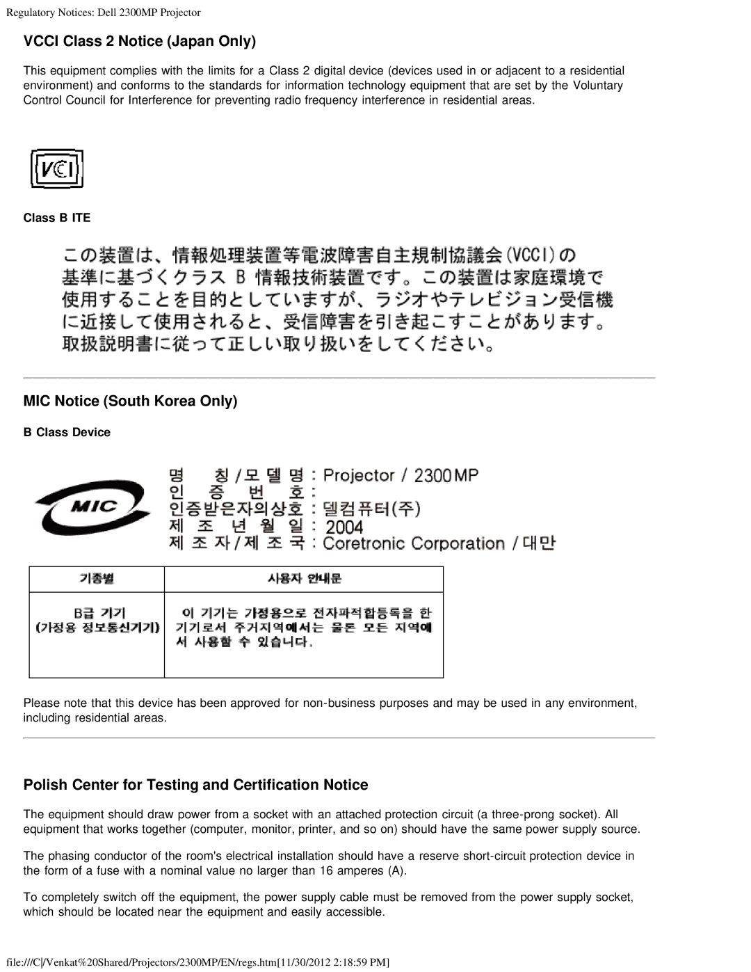 Dell 2300MP specifications Class B ITE, Class Device 