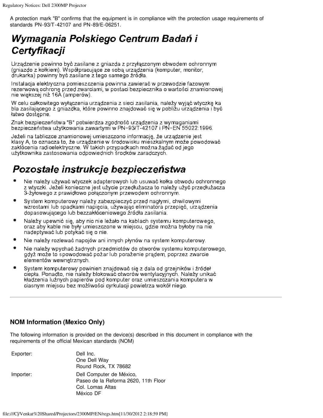 Dell 2300MP specifications NOM Information Mexico Only 