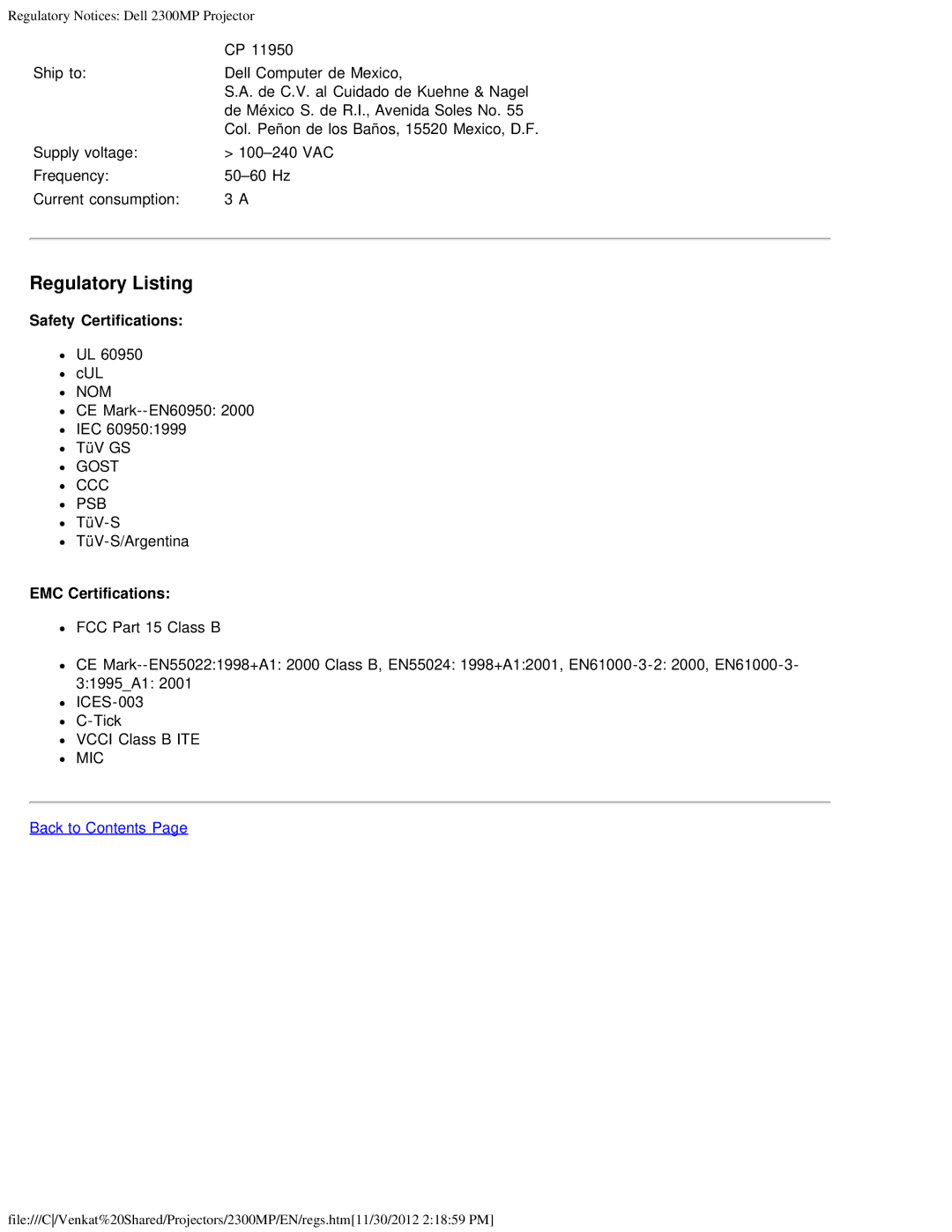 Dell 2300MP specifications Safety Certifications, EMC Certifications 