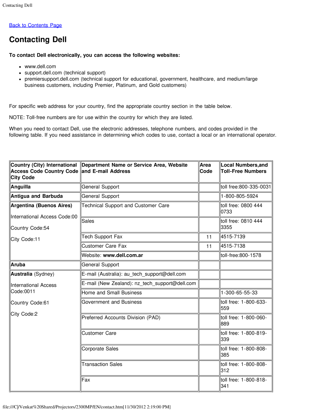 Dell 2300MP specifications Contacting Dell, Aruba Australia Sydney 