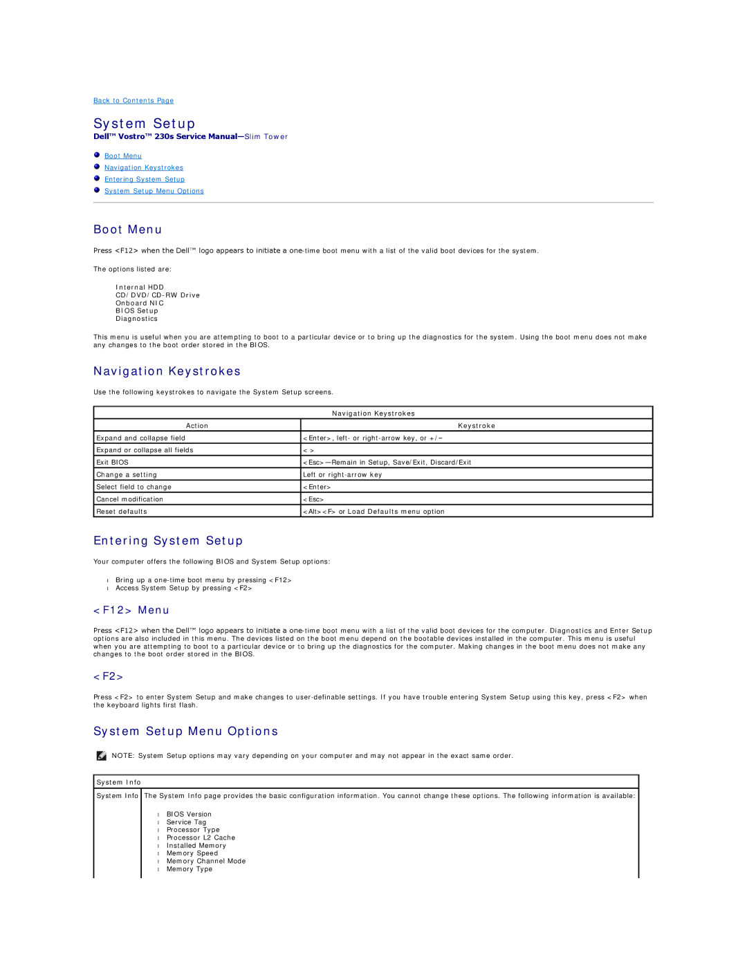 Dell 230S specifications Boot Menu, Navigation Keystrokes, Entering System Setup, System Setup Menu Options 