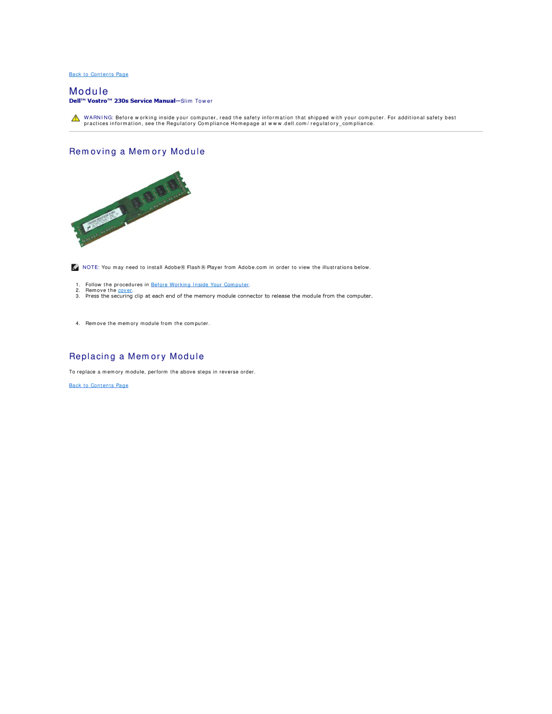 Dell 230S specifications Removing a Memory Module, Replacing a Memory Module 