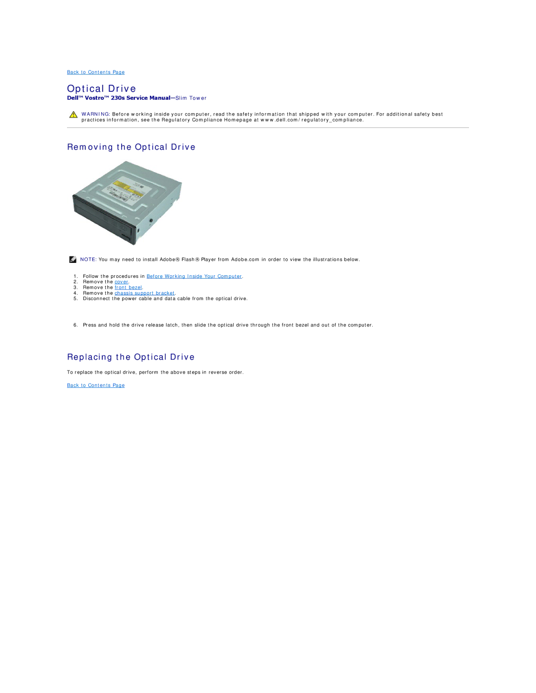 Dell 230S specifications Removing the Optical Drive, Replacing the Optical Drive 