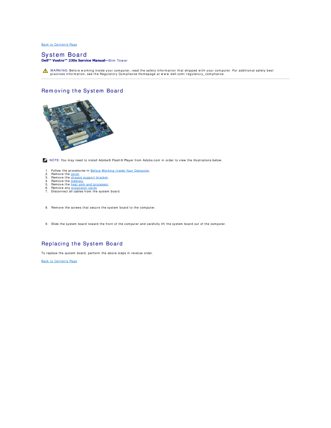 Dell 230S specifications Removing the System Board, Replacing the System Board 