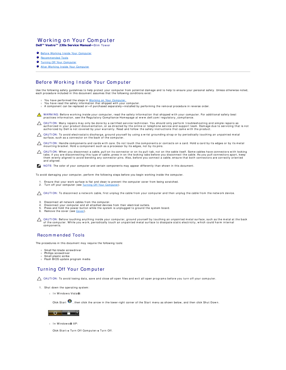 Dell 230S specifications Working on Your Computer, Before Working Inside Your Computer, Turning Off Your Computer 