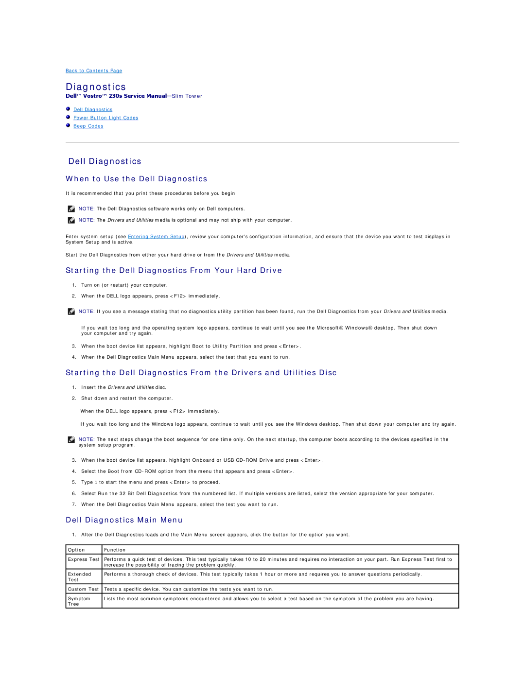 Dell 230S specifications Dell Diagnostics, Option Function 