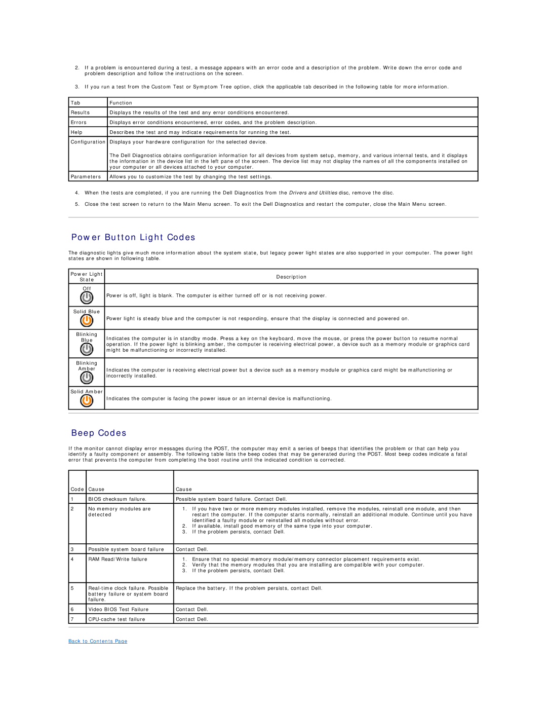 Dell 230S specifications Power Button Light Codes, Beep Codes, Tab Function, Code Cause 