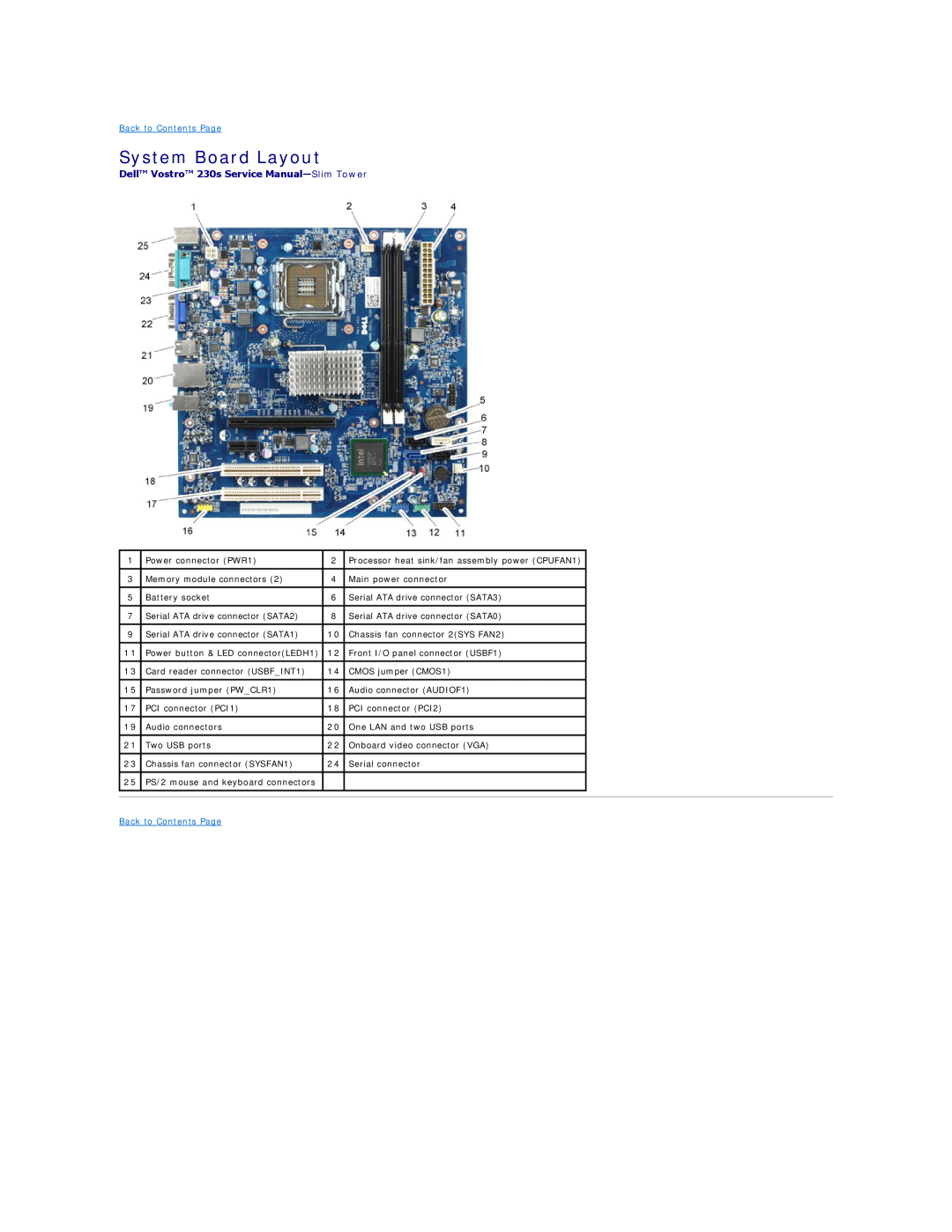 Dell 230S specifications System Board Layout, Dell Vostro 230s Service Manual-Slim Tower, Back to Contents Page 