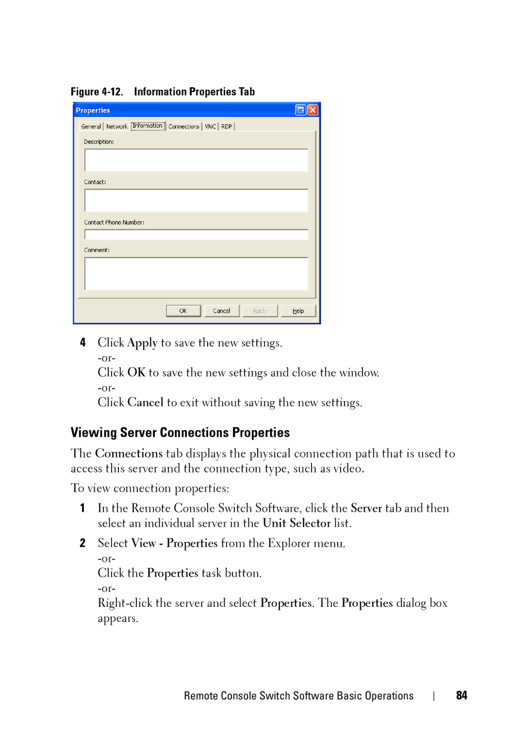 Dell 2321DS manual Viewing Server Connections Properties, Information Properties Tab 