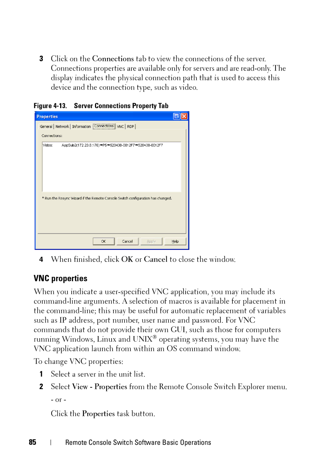 Dell 2321DS manual VNC properties, Server Connections Property Tab 