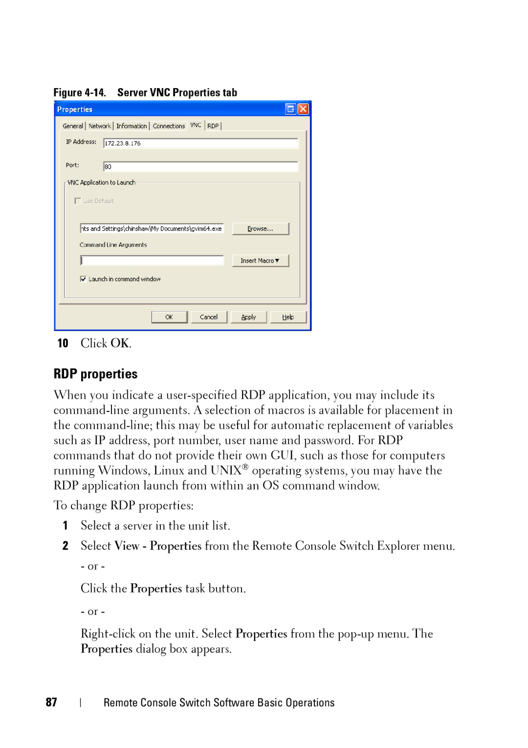 Dell 2321DS manual RDP properties, Server VNC Properties tab 