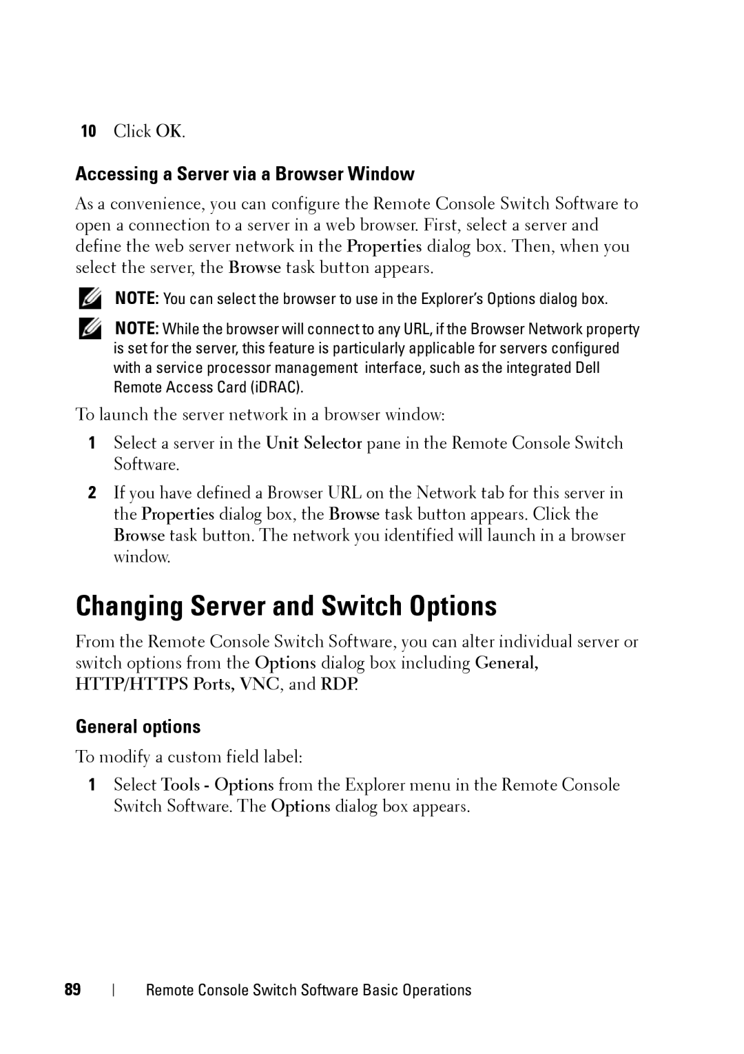 Dell 2321DS manual Changing Server and Switch Options, Accessing a Server via a Browser Window, General options 