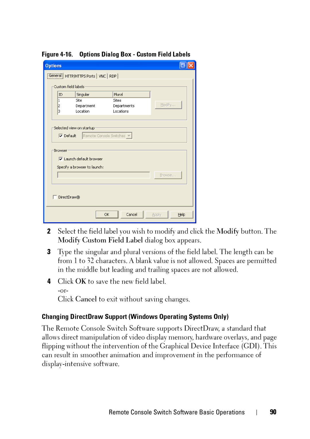 Dell 2321DS manual Changing DirectDraw Support Windows Operating Systems Only, Options Dialog Box Custom Field Labels 