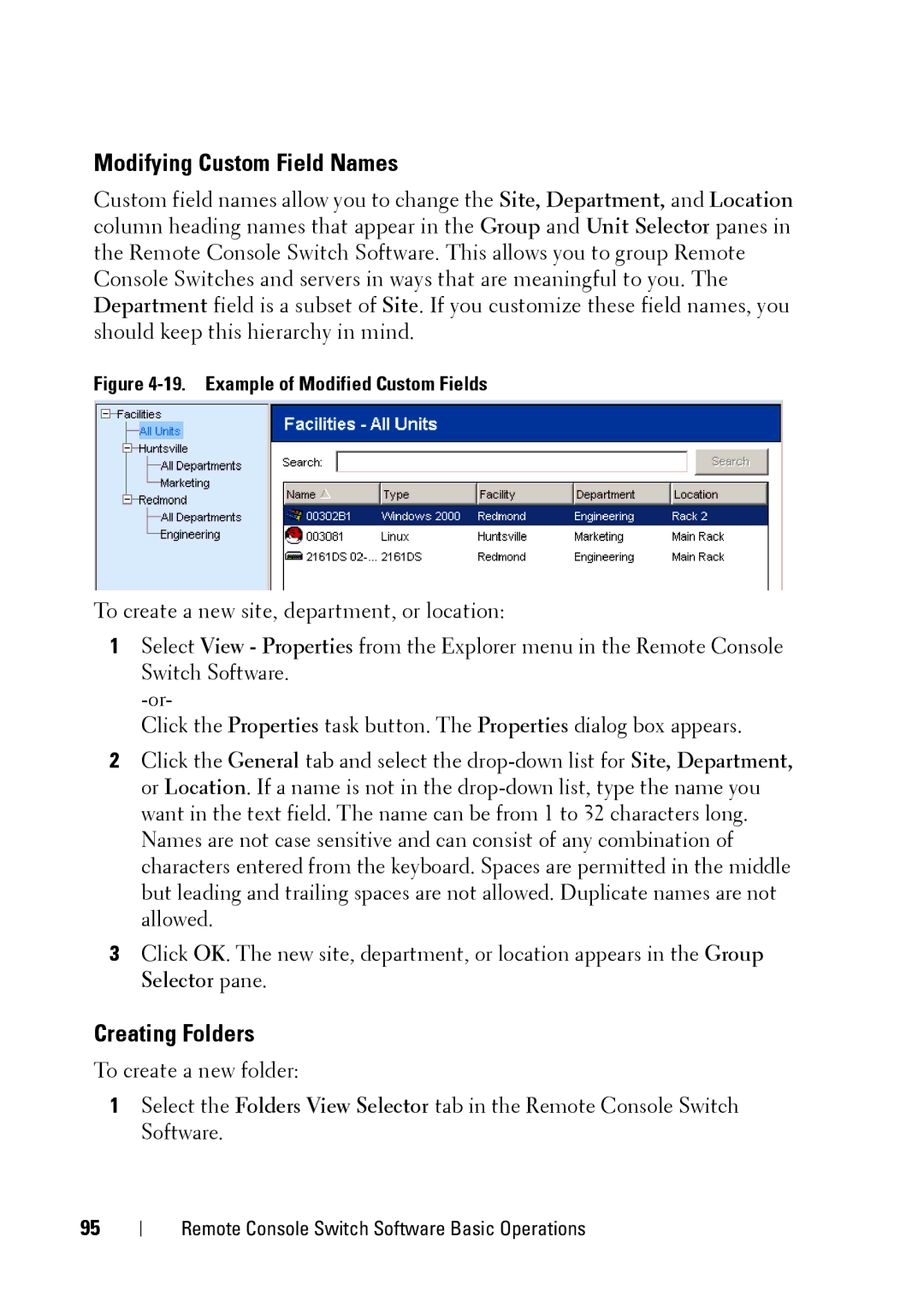 Dell 2321DS manual Modifying Custom Field Names, Creating Folders 