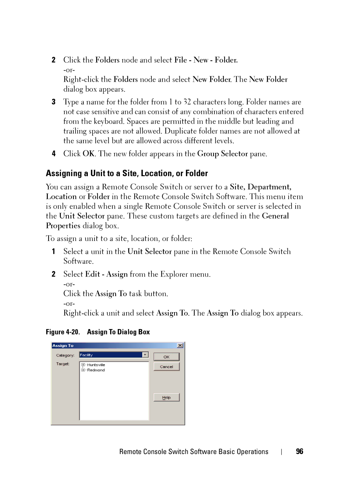 Dell 2321DS manual Assigning a Unit to a Site, Location, or Folder, Assign To Dialog Box 