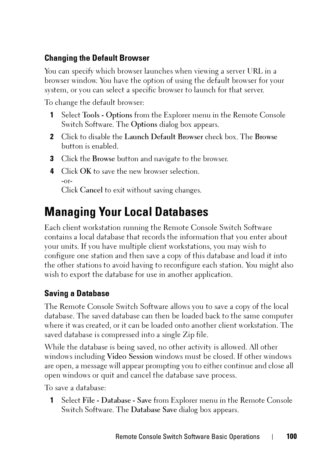 Dell 2321DS manual Managing Your Local Databases, Changing the Default Browser, Saving a Database, 100 