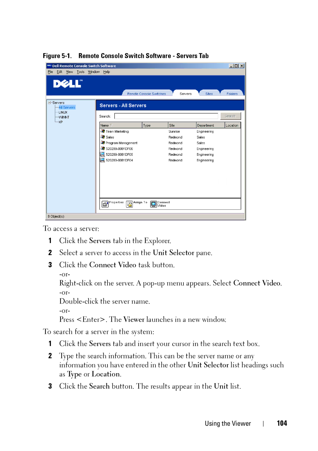 Dell 2321DS manual 104, Remote Console Switch Software Servers Tab 