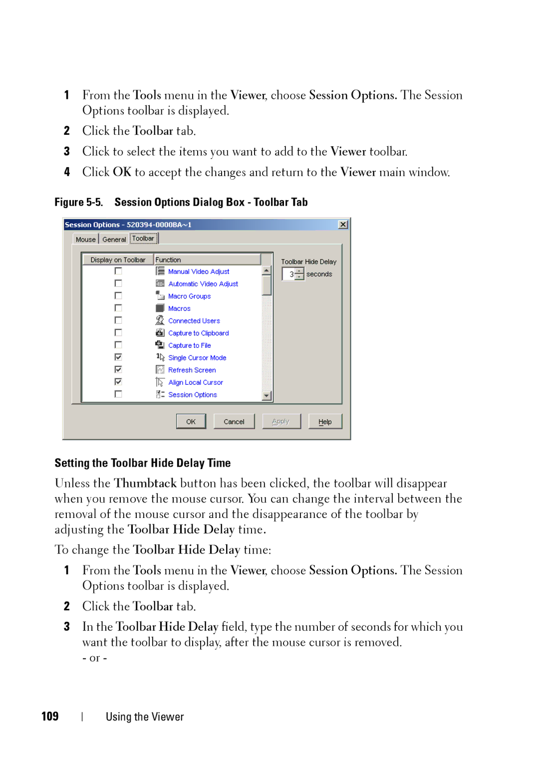 Dell 2321DS manual Setting the Toolbar Hide Delay Time, 109 