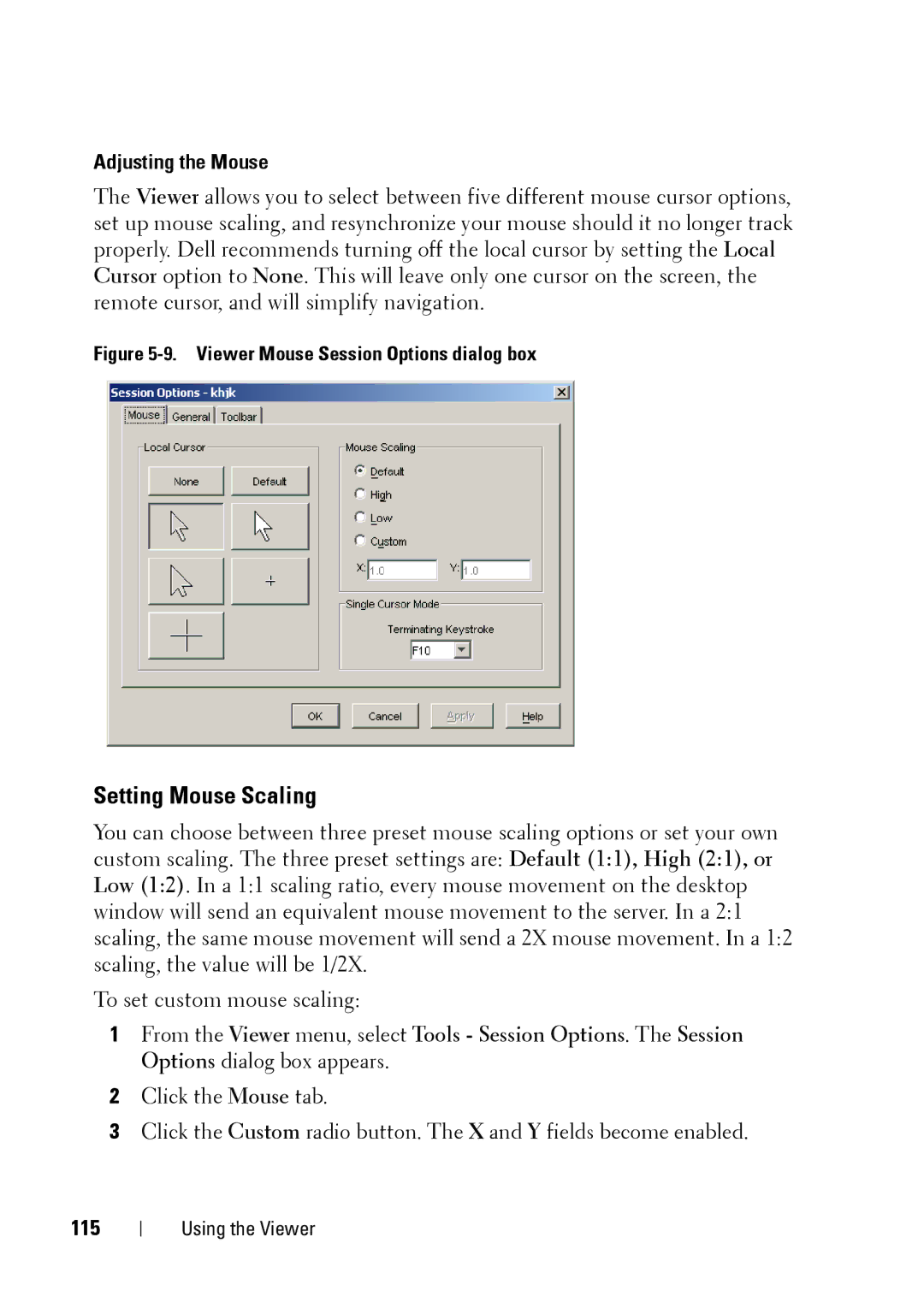 Dell 2321DS manual Setting Mouse Scaling, Adjusting the Mouse, 115 