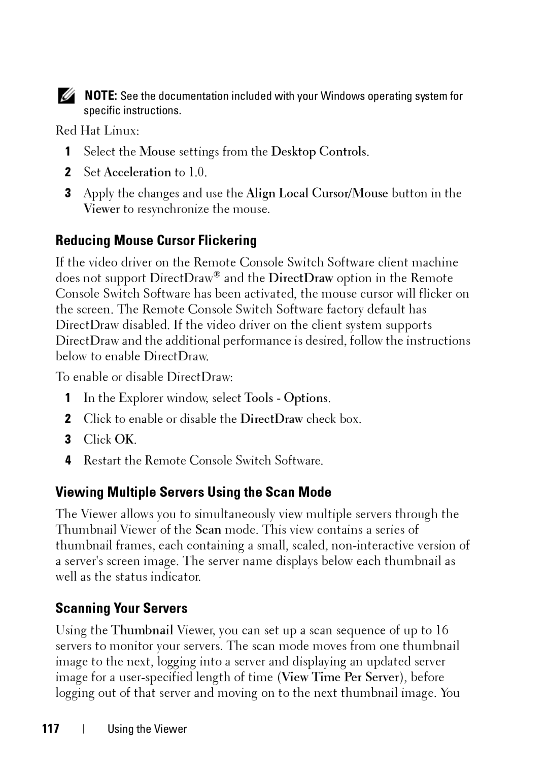 Dell 2321DS Reducing Mouse Cursor Flickering, Viewing Multiple Servers Using the Scan Mode, Scanning Your Servers, 117 