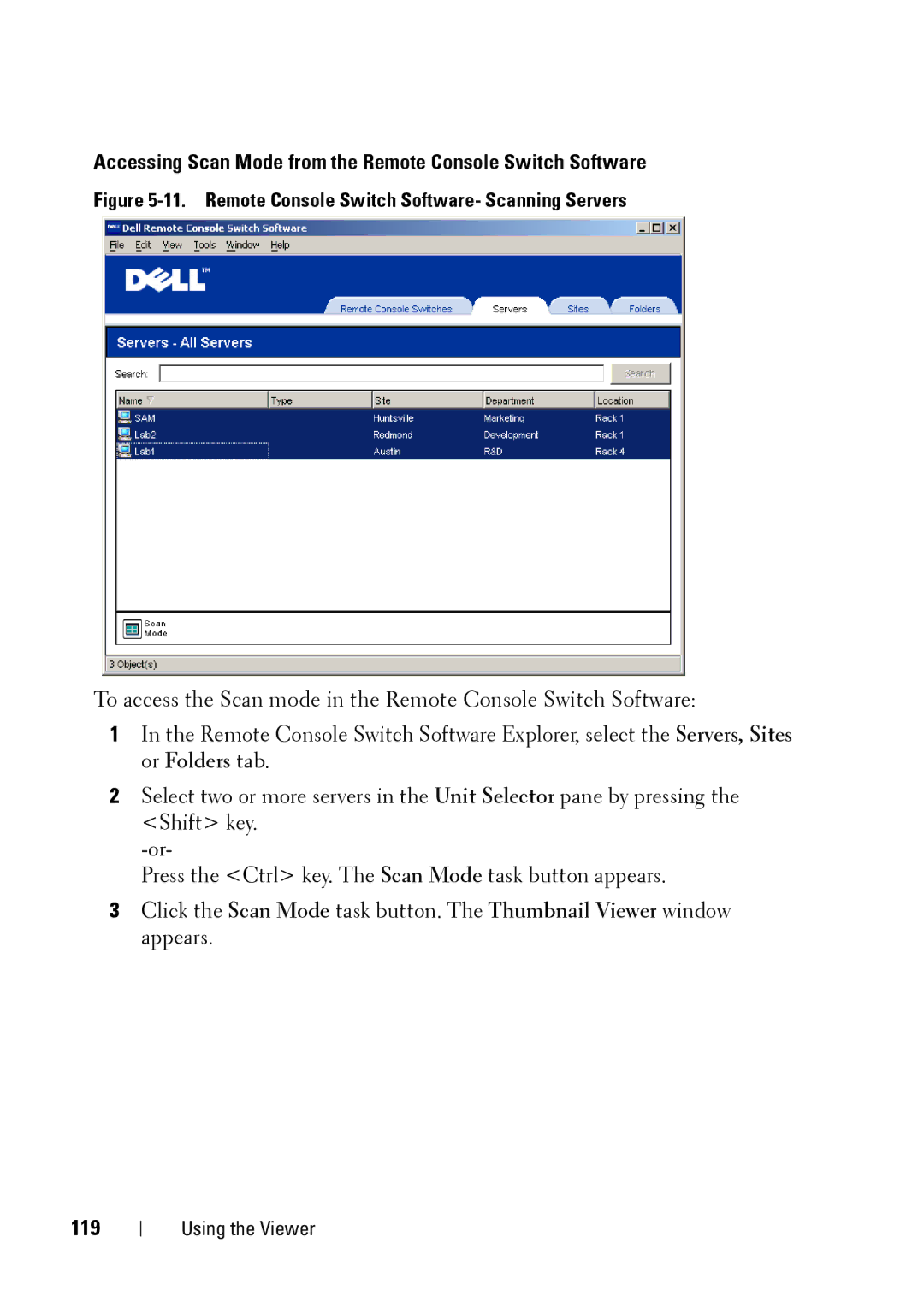 Dell 2321DS manual Accessing Scan Mode from the Remote Console Switch Software, 119 