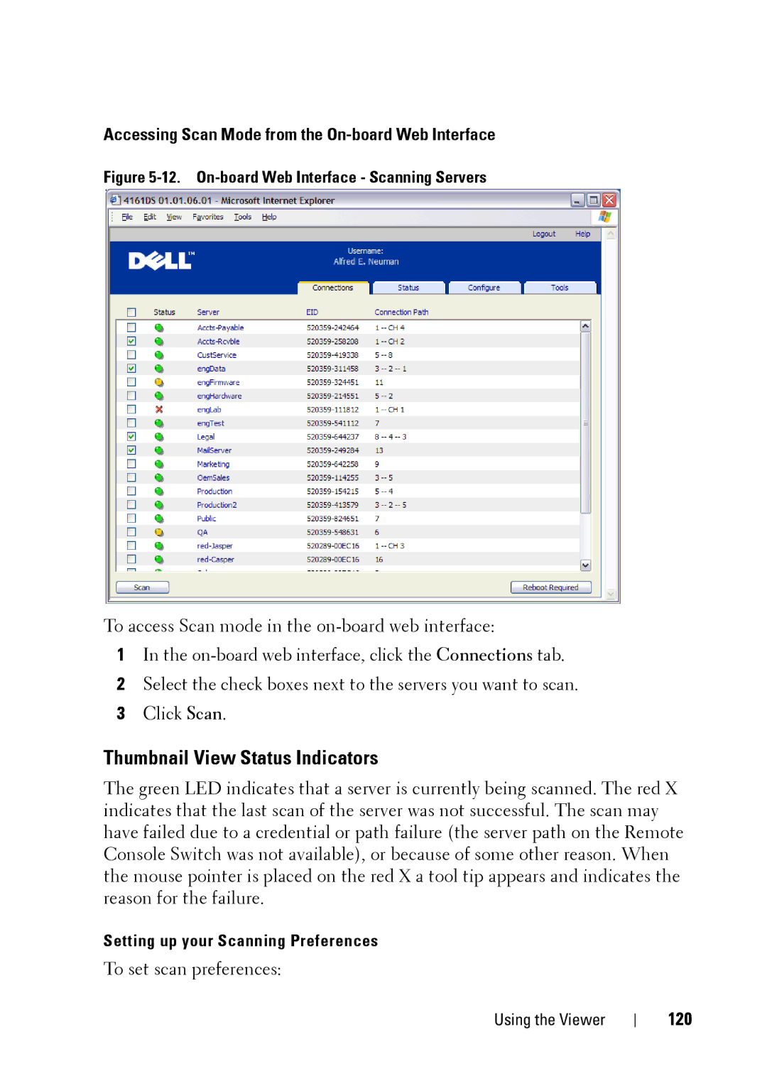 Dell 2321DS manual Thumbnail View Status Indicators, Accessing Scan Mode from the On-board Web Interface, 120 