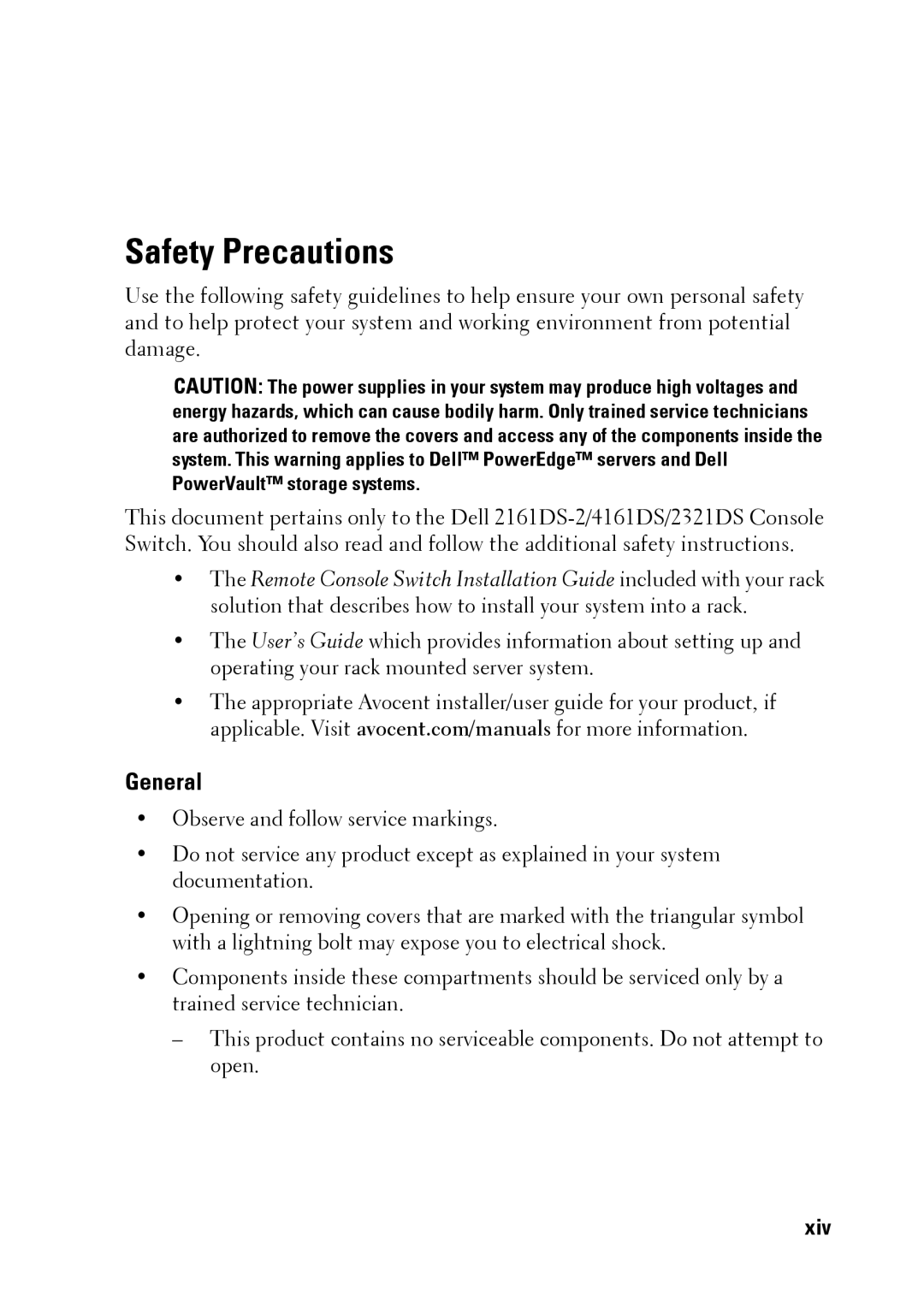 Dell 2321DS manual Safety Precautions, General, Xiv 